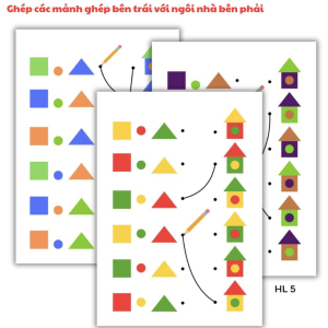 Bộ 10 tờ Ghép hình Xây nhà, Bài tập logic, luyện tư duy IQ, não bộ, Học liệu giáo dục sớm Montesori cho trẻ mầm non HL5
