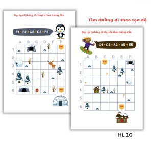 Bộ 10 tờ Học liệu Nhận biết tọa độ, định vị hướng, vị trí không gian, rèn tư duy, giáo dục sớm Montessori HL10